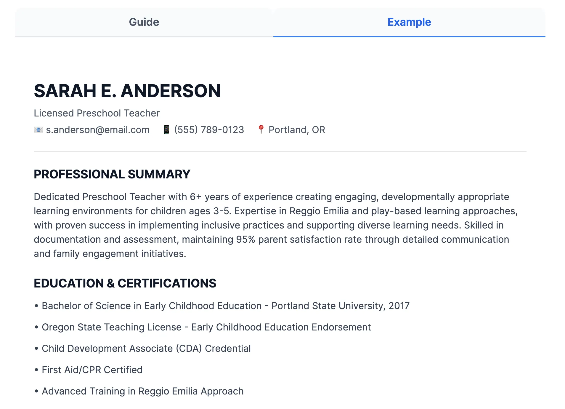 Preschool Teacher Resume Example - No payment or signing up required, get the FREE downloadable sample of a preschool resume to inspire you to land that job, complete with the explanation.