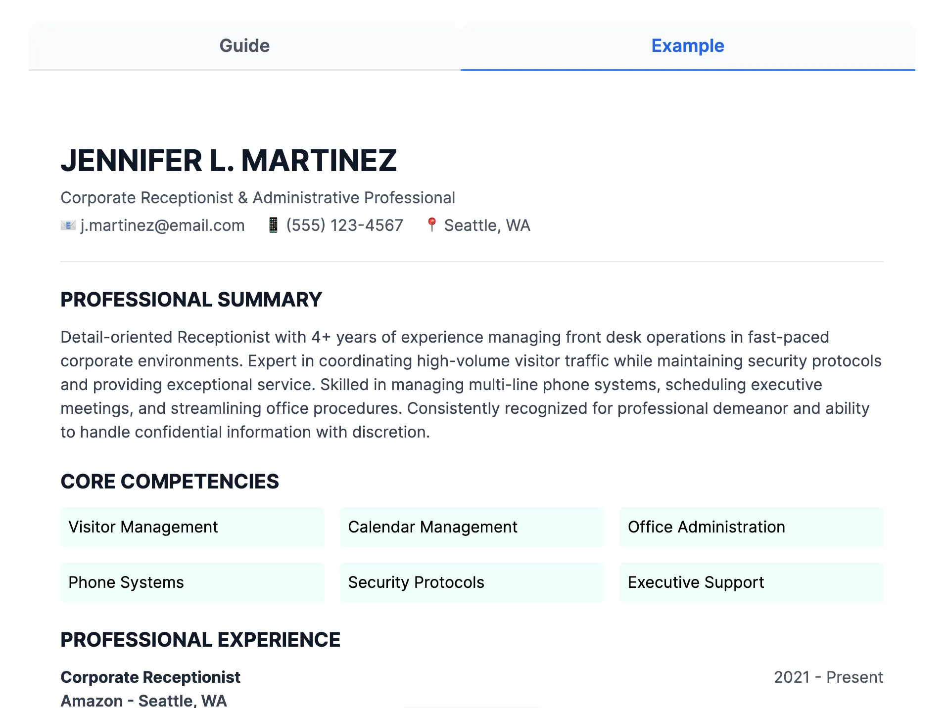 Receptionist Resume Sample - No payment or signing up required, get the FREE downloadable sample of a receptionist resume to inspire you to land that job, complete with the explanation.