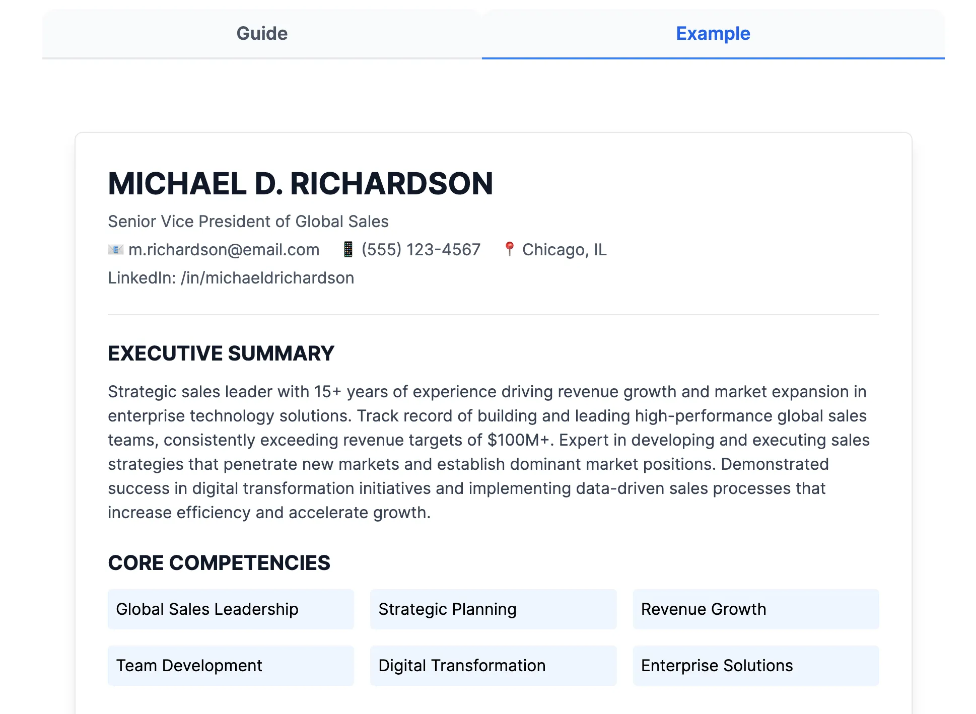 Sales Executive Resume Example - No payment or signing up required, get the FREE downloadable sample of a sales executive resume to inspire you to land that job, complete with the explanation.